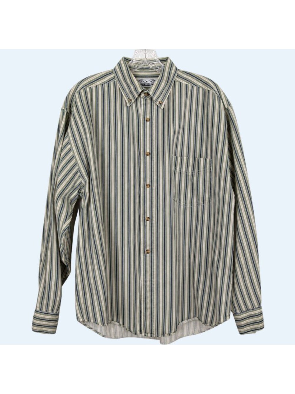 Stone Creek Button Up Shirt Mens XL Vintage Striped Cotton Green Beige Long Slee